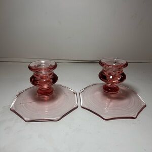 Lancaster Jubilee Pink Depression Glass Candlesticks